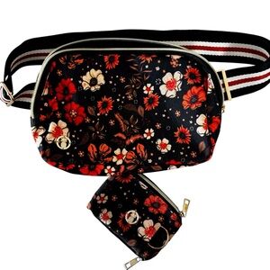 Simply Southern Black and Red Floral Crossbody Belt Bag Set w ID Holder Wallet